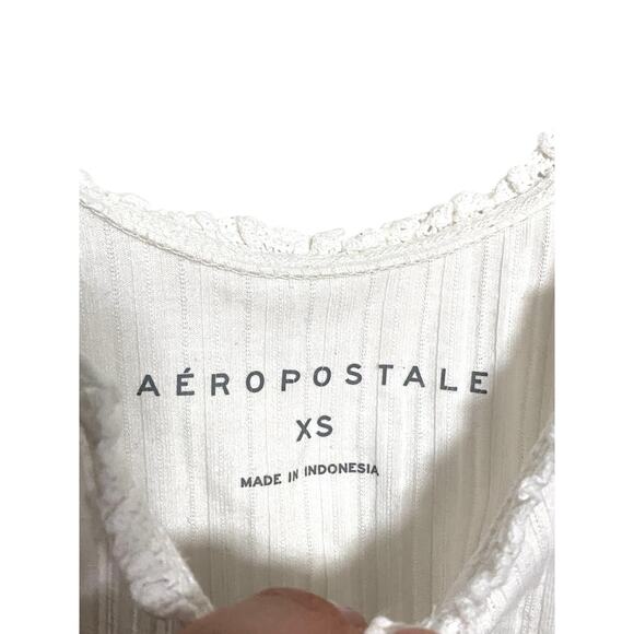 Aeropostale White Cropped Tank Top XS Henley Ribbed Ruffles Y2K Dainty Festival - Picture 5 of 7